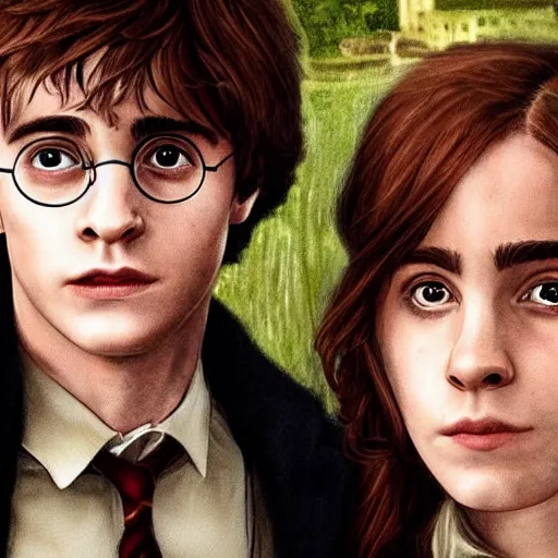 Image similar to Harry Potter Ron and Hermione in Venice, hyper realistic face, symmetrical face, beautiful eyes,