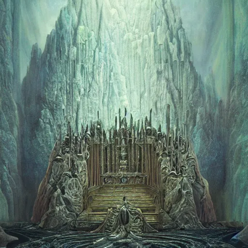 Image similar to the throne of illusion | highly detailed matte painting, hyperrealistic, very intrincate | cinematic lighting, award - winning | by rachel ruysch, giger, beksinski and bocklin | by austin osman spare and william blake, trending on artstation, cgsociety, official art, octane.