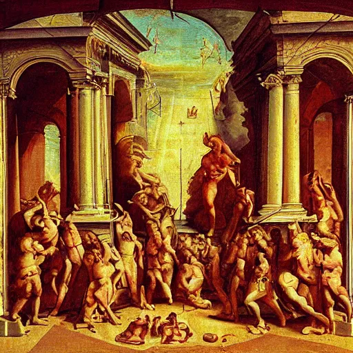 Prompt: renaissance architecture portal to hell painting