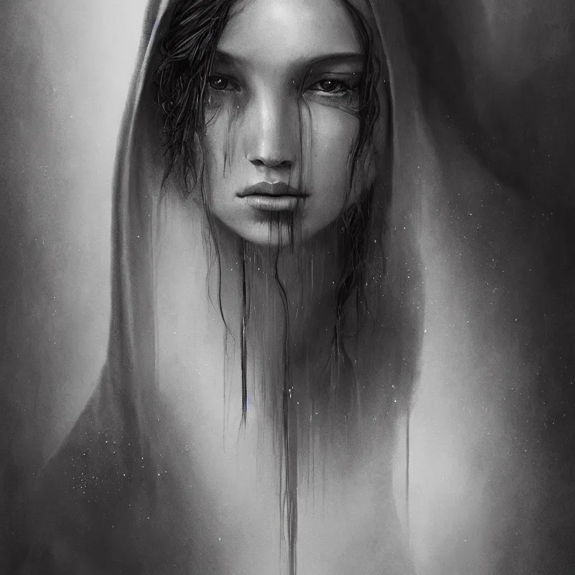 Prompt: Portrait of a young woman wearing a hooded robe, cinematic lighting, unique, intricate, elegant, highly detailed digital painting, trending on Artstation, concept art, smooth, sharp focus, illustration and art by Beksinski