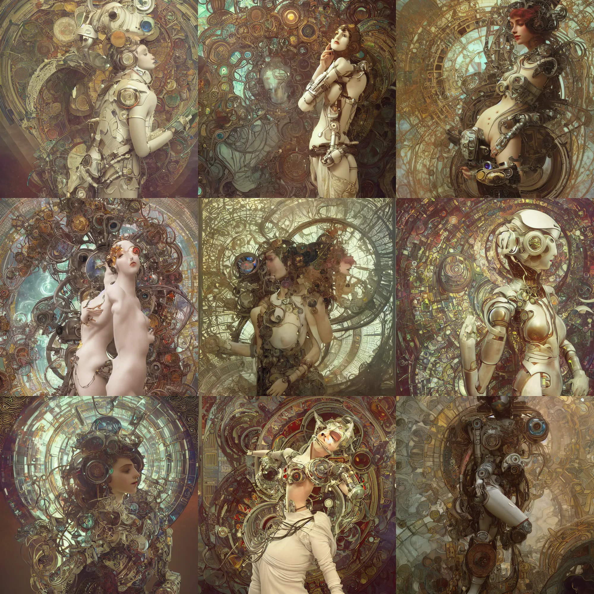 Prompt: 3 d octane render, ultra photorealistic, 8 k hyper detailed image unreal engine, a beautiful of a mystic esoteric robot roman, spaceships and back ground, organic ceramic white, on the art contemporary art, cyberpunk, alphonse mucha