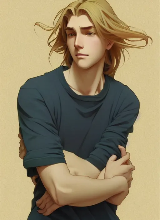 Image similar to pretty young man with shoulder length shiny shimmering golden blond hair, path traced, highly detailed, high quality, digital painting, by studio ghibli and alphonse mucha, leesha hannigan, makoto shinkai, disney