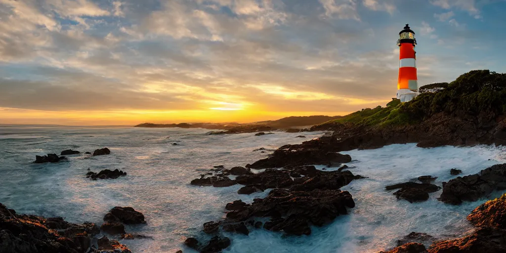 Prompt: sunrise over Byron Bay lighthouse, cinematic lighting, wide angle landscape photography, hyperrealistic, 8k