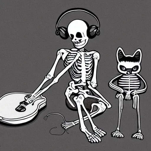 Image similar to skeleton wearing headphones watching girl playing guitar with her black cat standing next to her, digital art