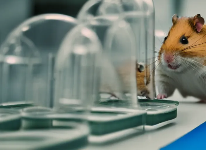 Image similar to film still of a hamster working in a research lab filling test tubes, 8 k