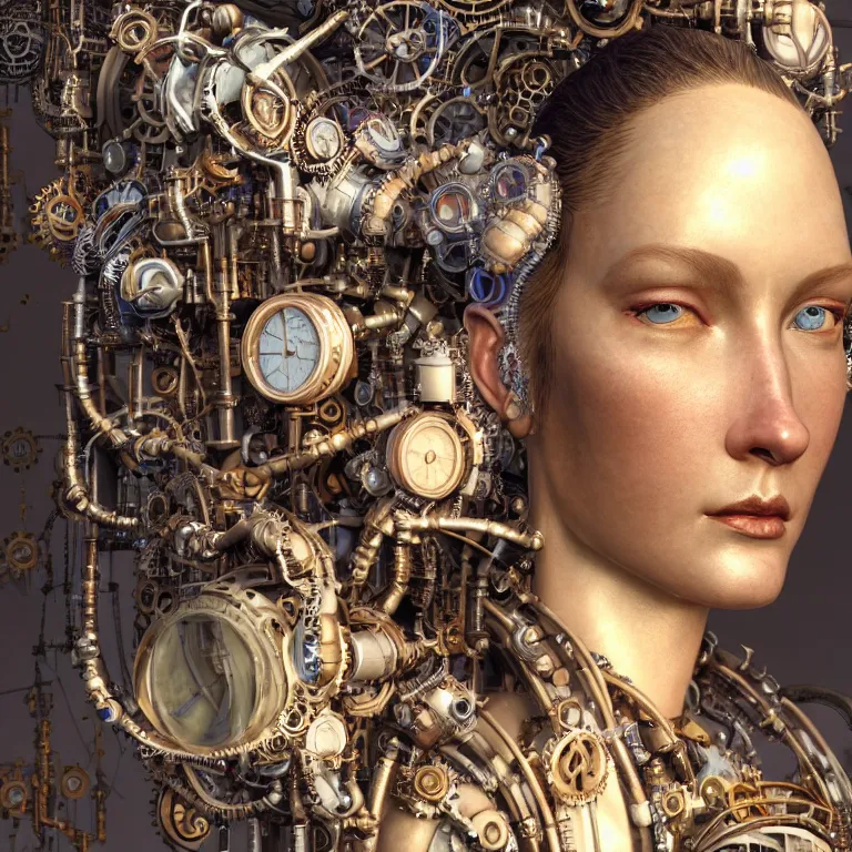 Image similar to hyperrealistic mixed media portrait of a beautiful mechanical steampunk woman, stunning 3d render inspired art by P. Craig Russell and Barry Windsor-Smith + perfect facial symmetry + dim volumetric lighting, 8k octane beautifully detailed render, post-processing, extremely hyperdetailed, intricate futuristic mechanic parts, epic composition, grim yet sparkling atmosphere, cinematic lighting + masterpiece, trending on artstation