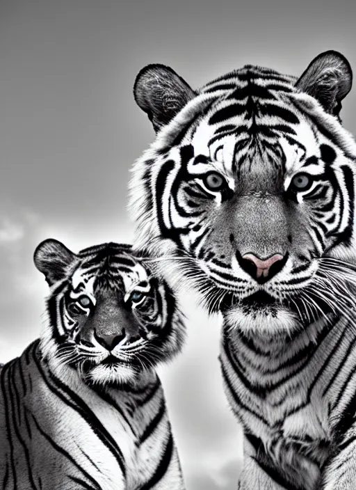 Image similar to two tiger black and white portrait white sky in background