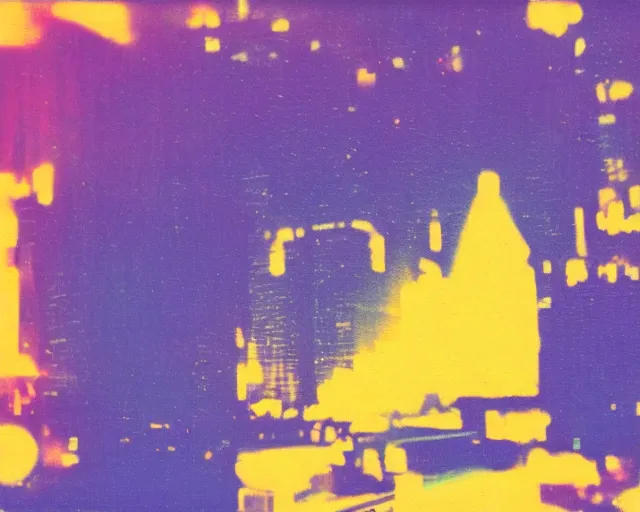 Prompt: sci - fi city, violet and yellow sunset, polaroid photo, whimsical and psychedelic, 1 9 6 0 s, grainy, expired film, glitched