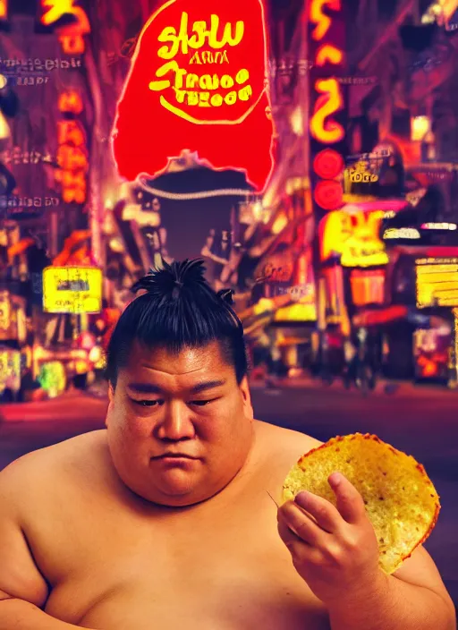 Image similar to sumo wrestler eating crispy tacos, holding hot sauce, portrait, photo realism, bokeh background, neon lights, city background, high definition, slr