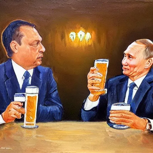 Image similar to viktor orban drinking beer with putin, oil painting, highly detailed