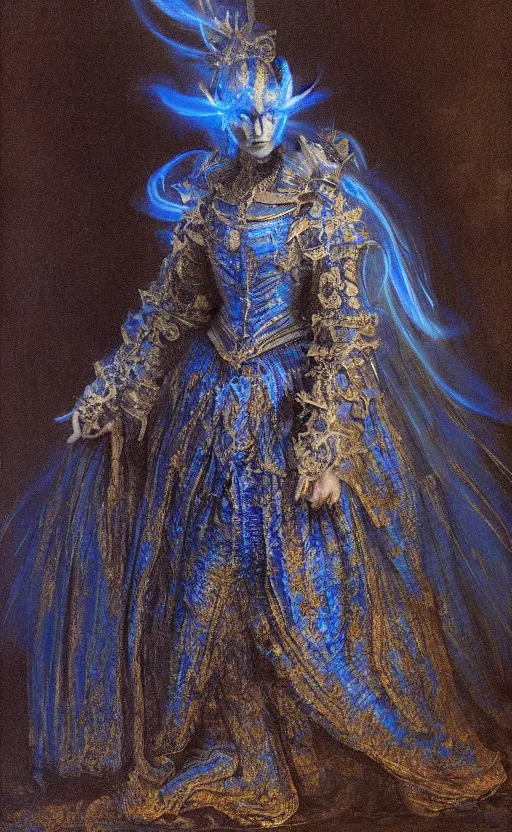 Prompt: Gothic princess in dark and blue dragon armor. By Rembrandt painting (1667), fractal flame!!!!!!!!!!!!!!!!!, highly detailded