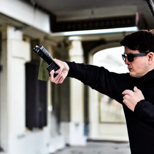 Prompt: A man in a black turtleneck sweater pointing a gun equipped with a silencer at the camera