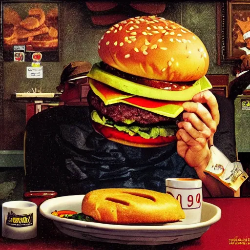 Prompt: eddie veddar thrashing a massive big mac hamburger, extra pickles and onions, ultra detailed, style of norman rockwell, style of richard corben, 4 k, rule of thirds.