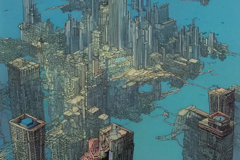 Image similar to a metropolis built on a island floating above the sea in the sky, waterfalls fall from the island into the sea, by moebius