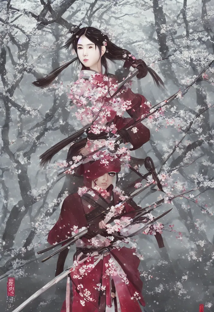 Image similar to detailed matte painting of girl samurai in hakama with swords and rifles, in snow forest sakura cherry blossom, taisho roman, by wlop and krenz kushart, elite, elegant, luxury, perfect face, fine details