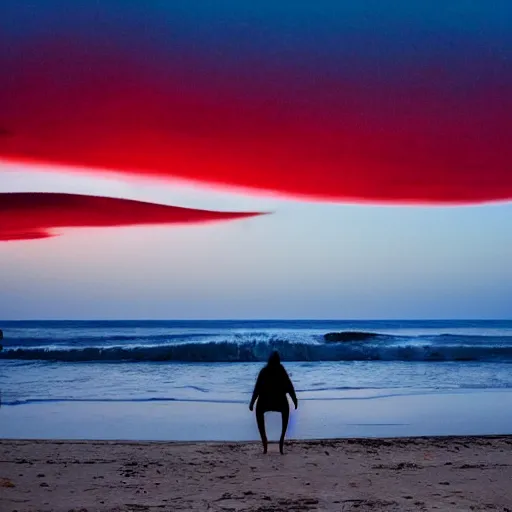 Prompt: beach at night, waves like teeth, blond woman staring from foreground, red tide, meat and blood in water , 4k,