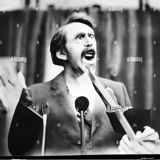 Image similar to Long shot of an angry austrian short man who failed art school with a toothbrush moustache giving a speech, black and white press photo