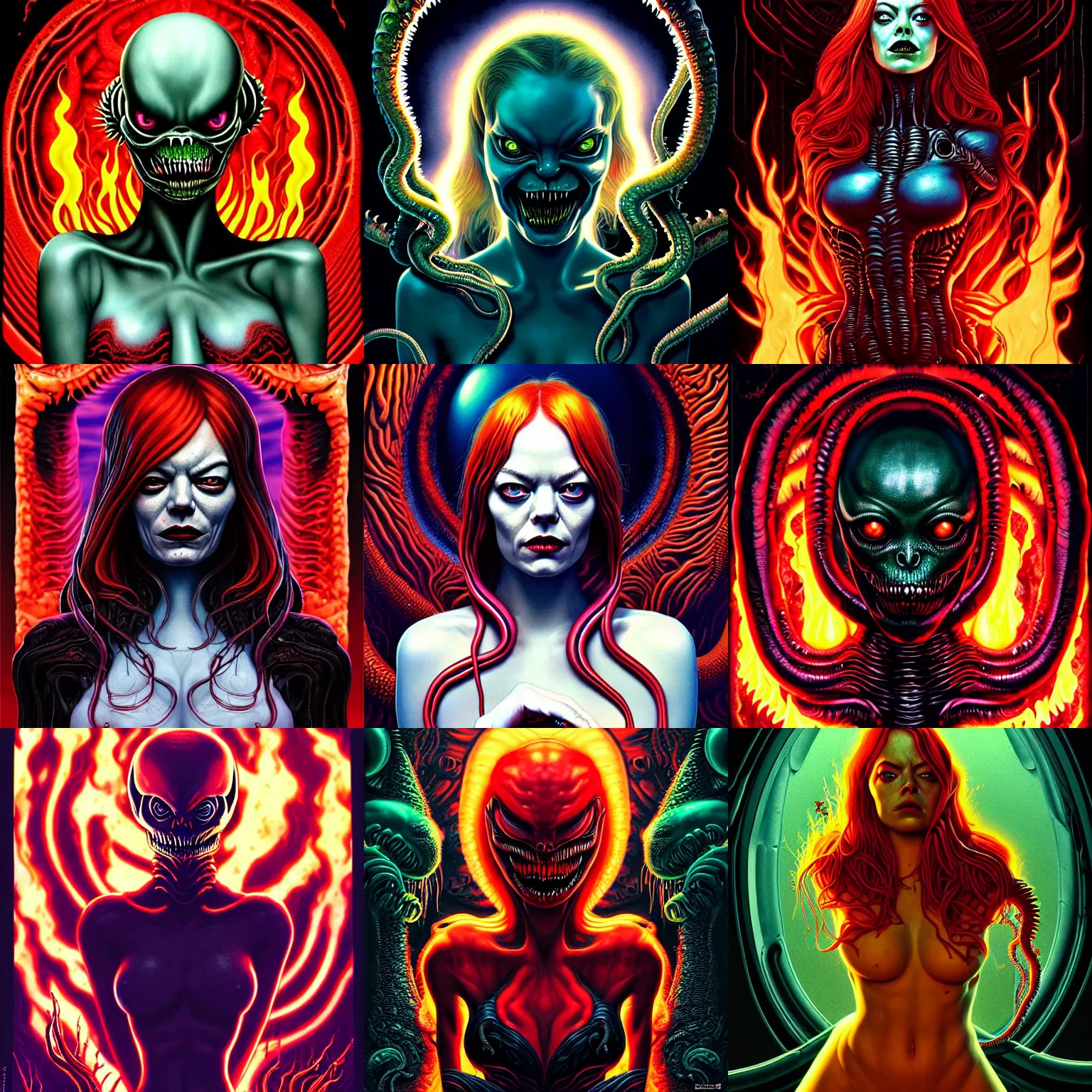 Image similar to scorn giger venom alien doom zdislaw bekinski horror hell alien tentacles satan fire flame, beautiful underwater redhead woman portrait of emma stone, pixar style, by tristan eaton stanley artgerm and tom bagshaw.