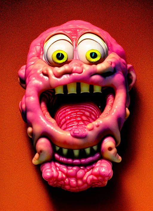 Prompt: hyperrealistic rendering, fat smooth cronenberg flesh monster spongebob face by art of skinner and richard corben and jeff easley, product photography, action figure, sofubi, studio lighting, colored gels, colored background