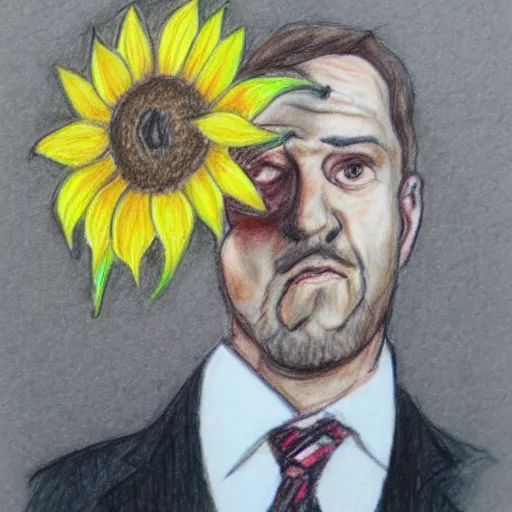 Prompt: man with a sunflower instead of a head wearing a business suit, color pencil sketch