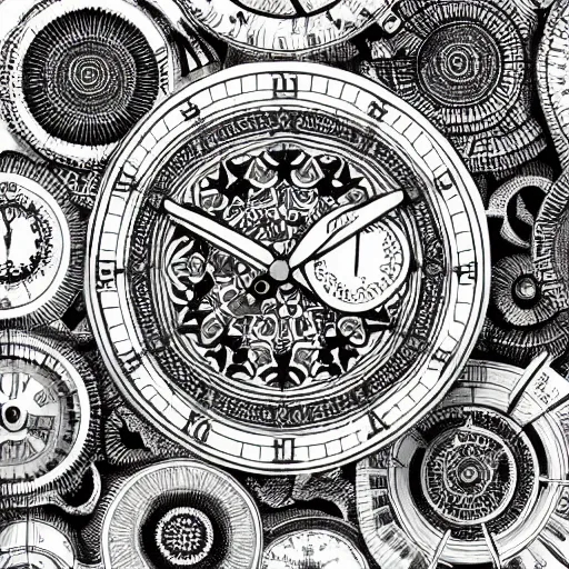 Image similar to clocks, intricate ink illustration, highly detailed, white background, digital artstation