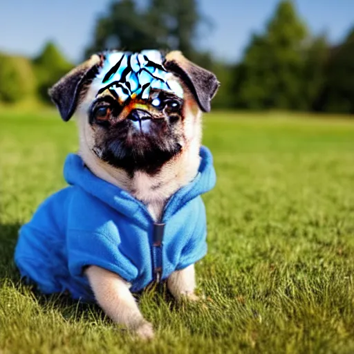 Prompt: still image of an adorable pug sitting in the grass while wearing a frog shaped hoodie, professional photo, 26mm, f1.5, clear blue sky, sunny day, iso 50