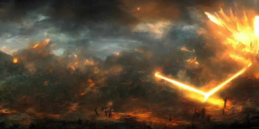 Image similar to guild wars 2, cinematic battlefield, god rays, digital art, high detail