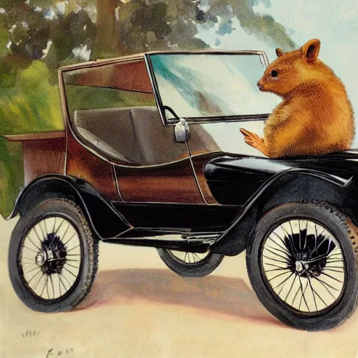 Image similar to a quokka driving a model t ford, in the style of anders zorn