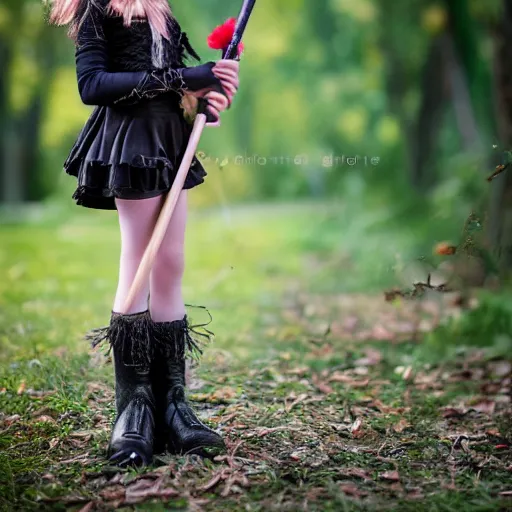 Prompt: young witch with magic wand and broom cosplay, she wears boots, full body, photo taken by nikon, 4k, high quality, very detailed, intricant