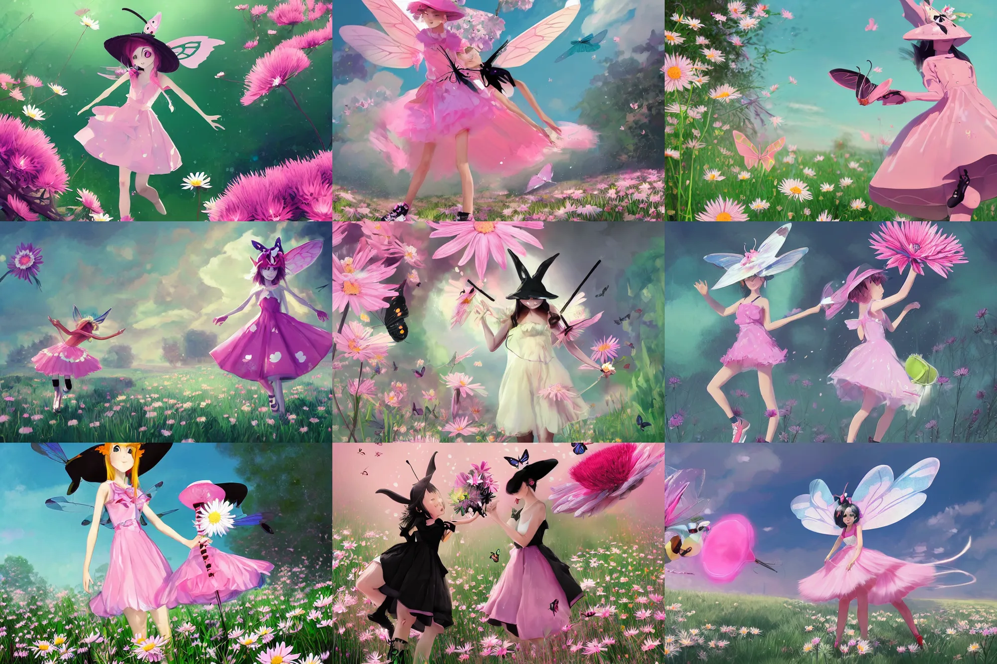 Prompt: female butterfly pokemon with black eyes and antennae like a mantis wearing a floe pink maid dress floating over a field of daisies wearing converse skater shoes and a witch hat, digital illustration by ruan jia on artstation