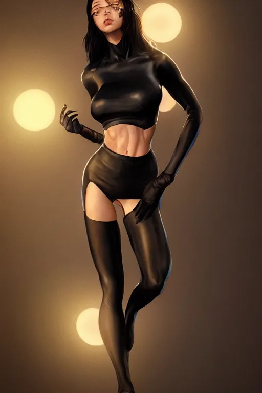Image similar to a woman wearing a black skintight clothes, anatomy, only two hands, highly detailed, digital painting, artstation, concept art, smooth, sharp focus, illustration, Unreal Engine 5, 8K, art by art by artgerm and greg rutkowski and edgar maxence