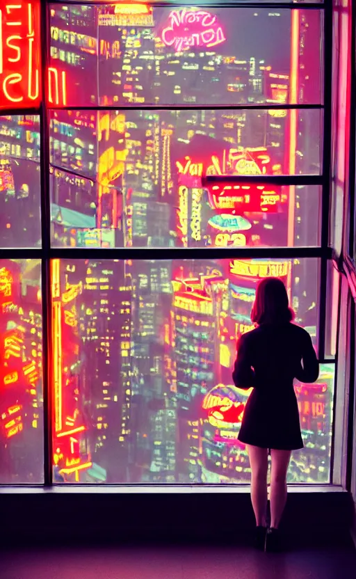 Image similar to vertical movie frame, girl in 7 0's retro restaurant, editorial, fashion, neon - decorated urban on night in the city seen through the window, modern architecture design, vintage, night, blade runner, dark, clean lines, asian futuristic city at distance, big windows, octane, wide angle