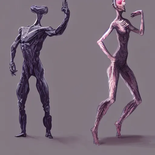 Image similar to Two elegant humanoid creatures, back to back, fused at the shoulders dancing on their pointy limbs. Award-winning digital art, trending on ArtStation