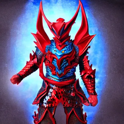 Image similar to High Fantasy Dragon Kamen Rider, blue armor with red secondary color, 4k, glowing eyes, daytime, chainmail under armor, rubber suit, dragon inspired armor