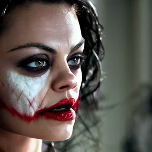 Image similar to stunning awe inspiring mila kunis as the joker, movie still 8 k hdr atmospheric lighting