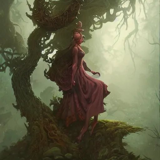 Prompt: the court jesters wife lost in the woods, pretty, beautiful, hyper realistic fantasy painting, deviantart artstation, by jason felix by steve argyle by tyler jacobson by peter mohrbacher, cinematic, magical