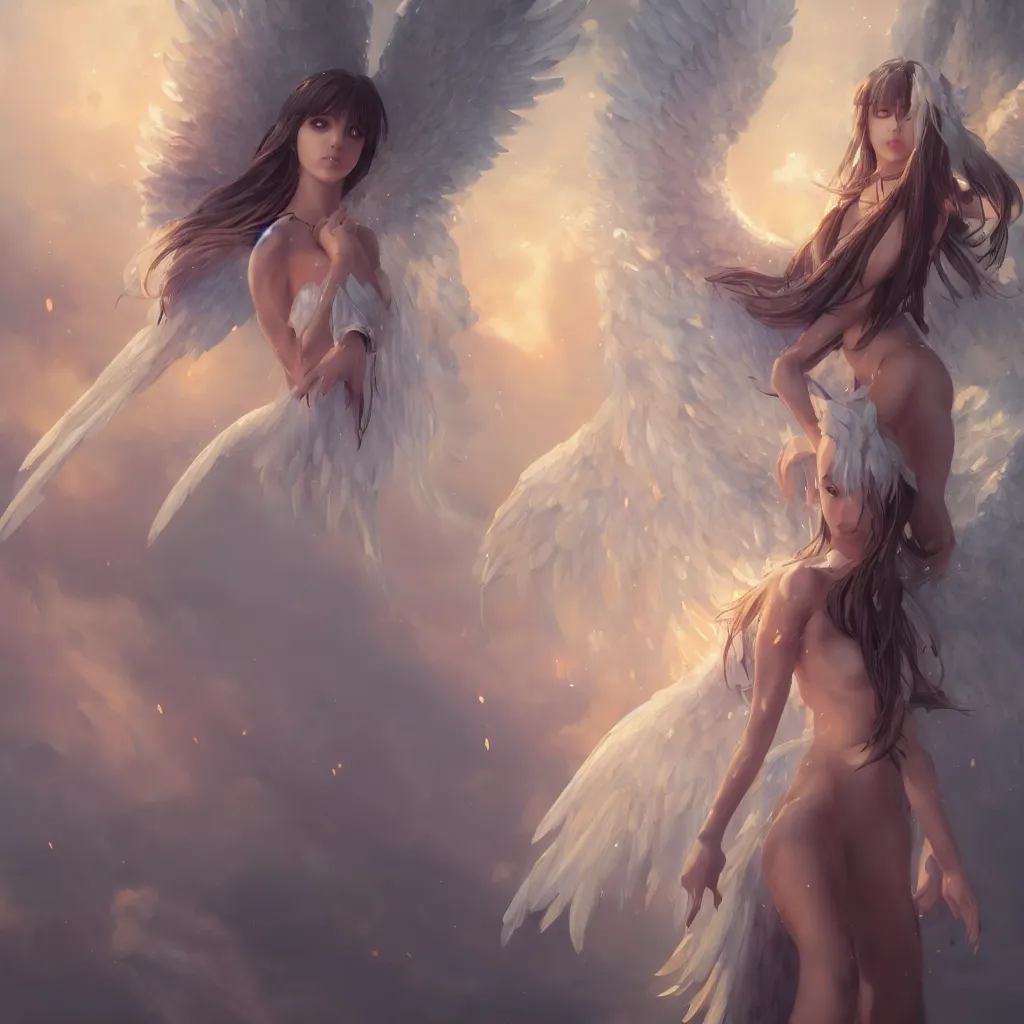 Image similar to an oil painting of a beautiful anime girl with angel wings, by artgerm, wlop and greg rutkowski, hd, hdr, ue 5, ue 6, unreal engine 5, cinematic 4 k wallpaper, 8 k, ultra detailed, high resolution, artstation, award winning