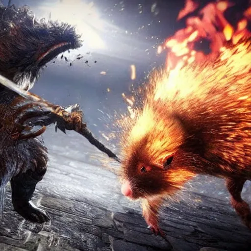 Image similar to a hamster fighting a monster in dark souls 3