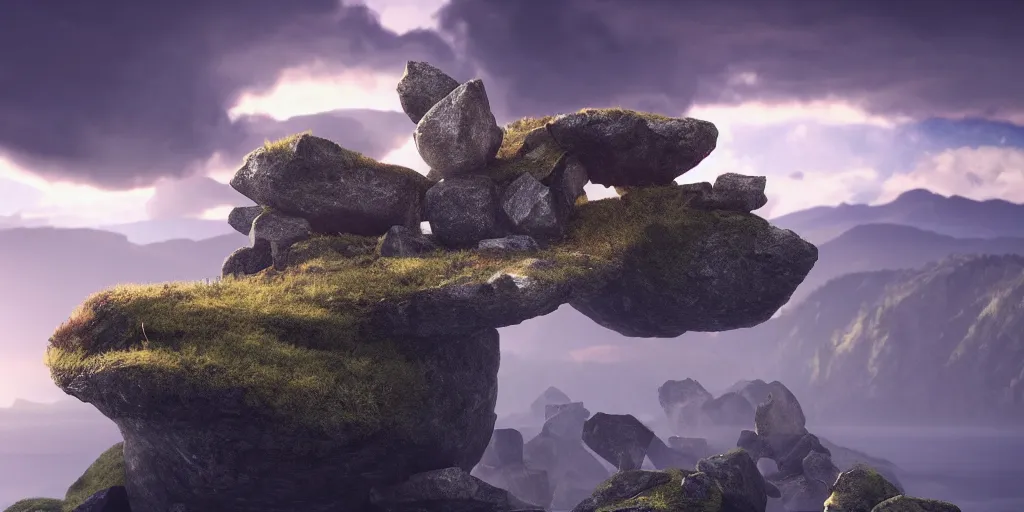 Image similar to Photorealistic epic landscape with floating rocks, with ominous clouds, levitating stones, a gente rising mist. photorealism, UHD, amazing depth, glowing, golden ratio, 3D octane cycle unreal engine 5, volumetric lighting, cinematic lighting, cgstation artstation concept art