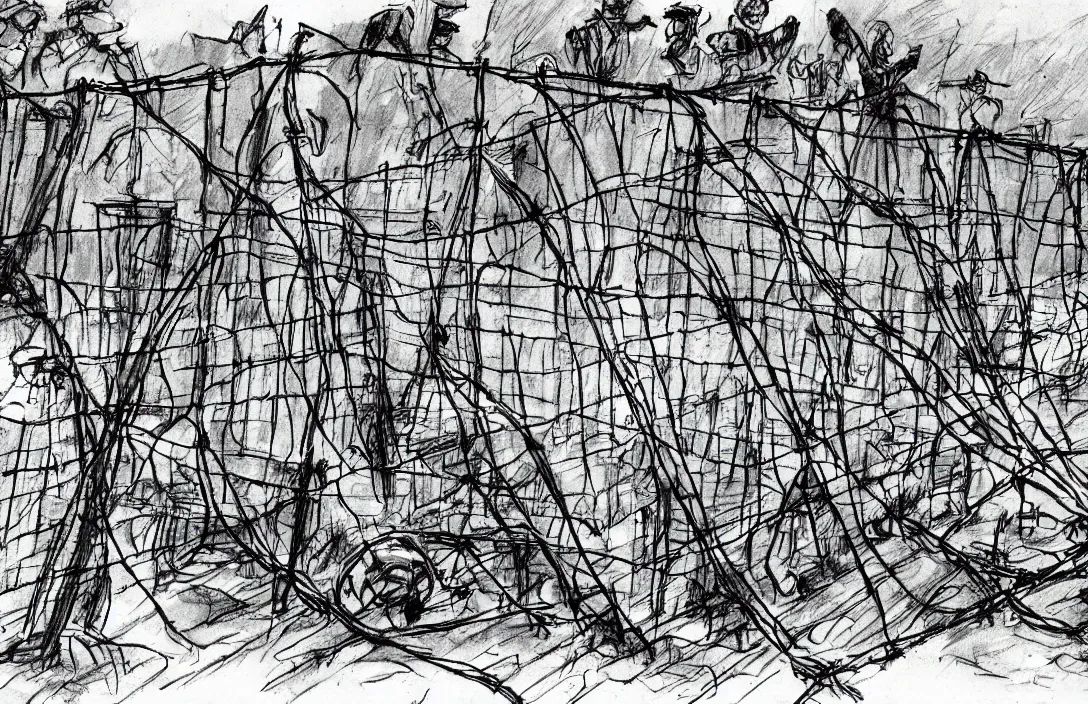 Image similar to milt kahl sketch of zombie apocalypse resistance camp with barbed wire fencing