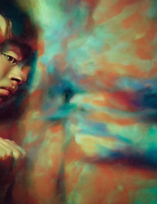 Image similar to boy in dark room praying, blue rays from tv, redshift, colour shift, wide shot, coloured polaroid photograph, pastel, kodak film, hyper real, stunning moody cinematography, by maripol, fallen angels by wong kar - wai, style of suspiria and neon demon, david hockney, detailed, oil on canvas