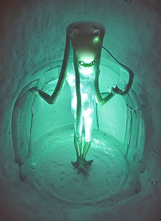 Prompt: a weird humanoid alien creature is suspended in a tank of dense liquid, tubes connecting to its body, back lit, green glow, 35mm film photography