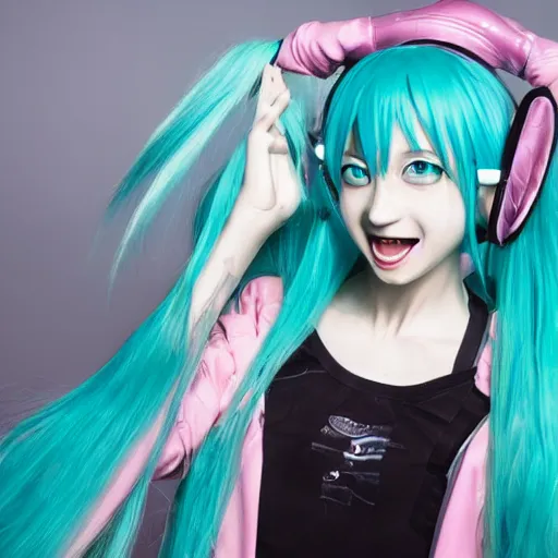 Prompt: Portrait of the unhinged psycho known as Hatsune Miku after admitting to her crimes. Photography, Canon, 2020