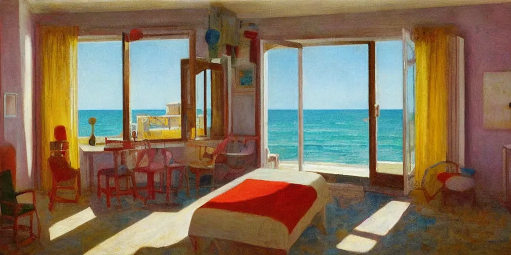 Prompt: rooms by the sea by edward hooper, colorful, hyper realistic