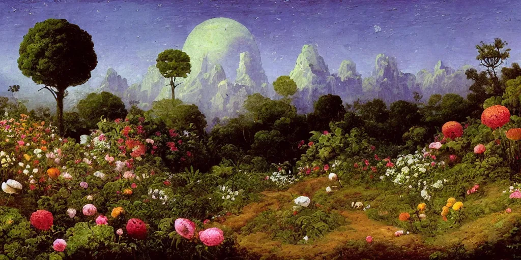 Image similar to a flowering garden in a crater on the moon, a small garden shed is standing beside the crater, impasto paint in the style of martin johnson heade and h. r. giger,