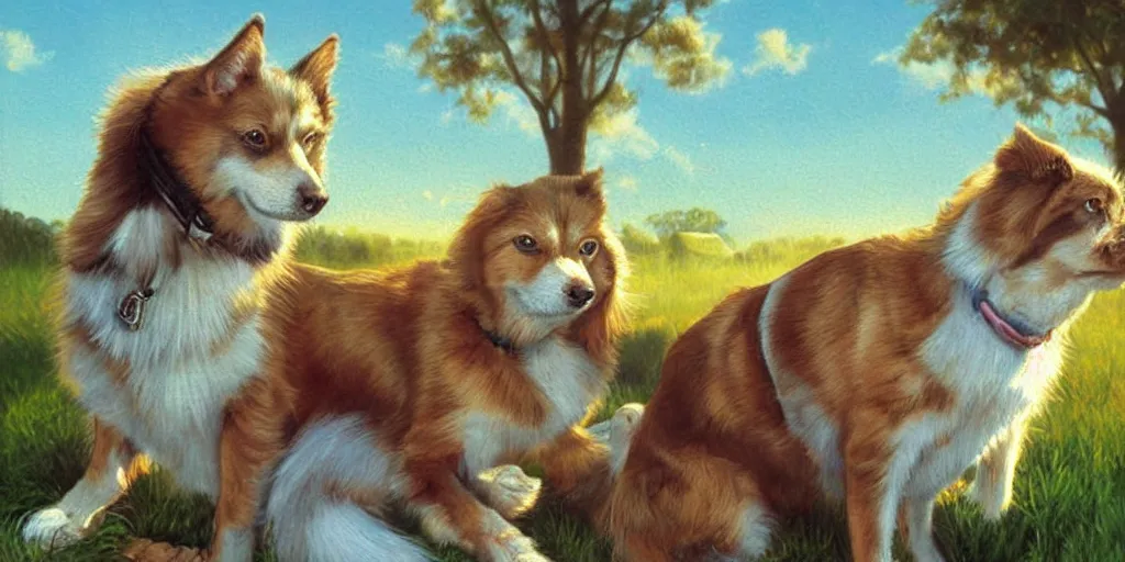 Image similar to dog and cat funny, volumetric lighting, spring early, nice slight overcast weather, realistic illustration, perfectly shaded, ( golden hour ), soft painting, low angle, art by sven nordqvist