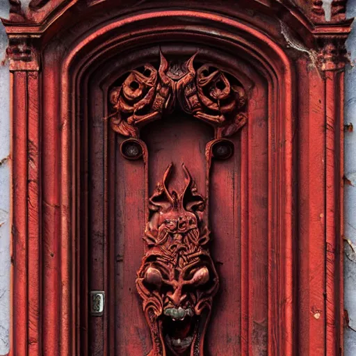 Prompt: red jasper door with intricate rococo carving in the style of Emil Melmoth, micro detailed pattern, highly detailed, grimdark scifi vibes, evil fantasy vibes, occult vibes, rendered in octane, post processing, filigree, gothic, occult