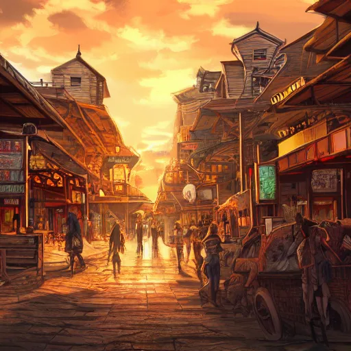 Prompt: western town, sunset atmosphere, hyper detailed, wideshot, anime, painting