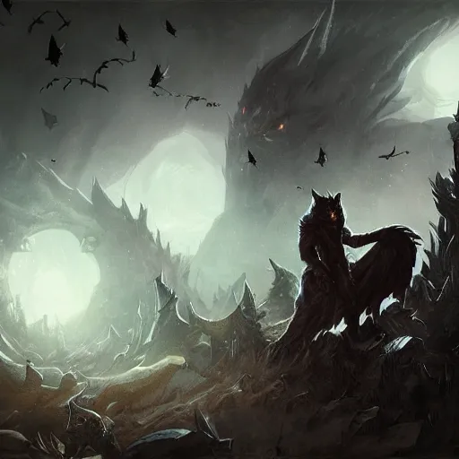 Image similar to werewolf vampire hybrid, dark cloak, bats flying in the background, fantasy game art by greg rutkowski, fantasy rpg, league of legends