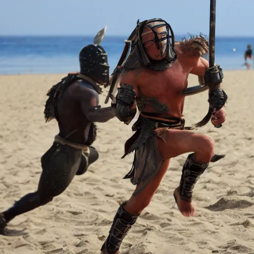 Prompt: spartan warrior sprinting on beach, epic action shot